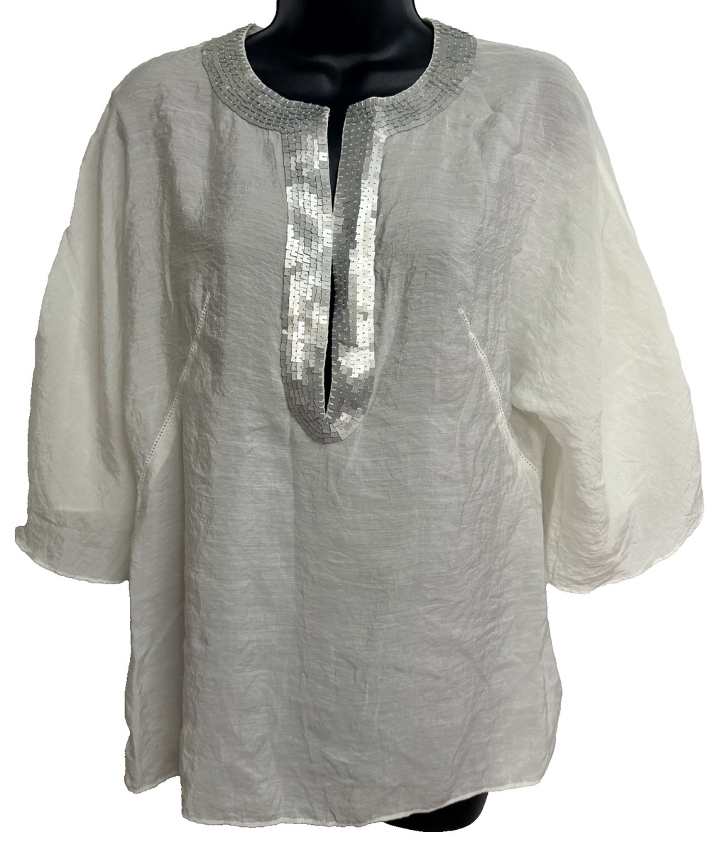 Talbots Collection Split Neck Sequin Blouse Women's 8 Ivory Silk Blend Tunic Top